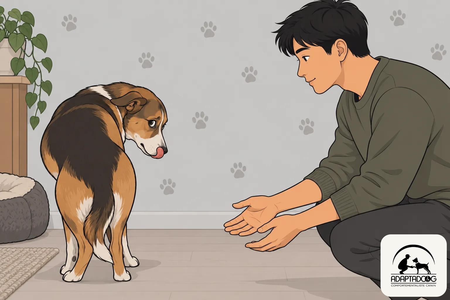 Un chien assis et regardant un homme qui s’abaisse les mains ouvertes devant lui, dans une pièce domestique.