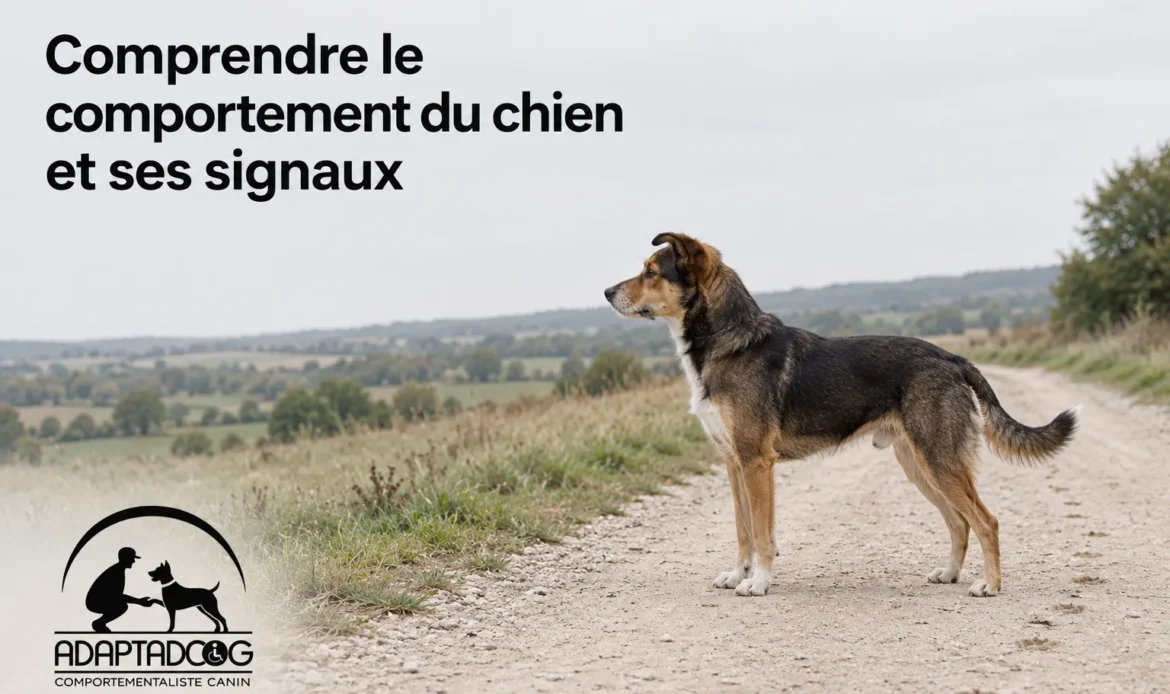 Chien debout sur un chemin rural, regardant vers la droite, silhouette de profil.