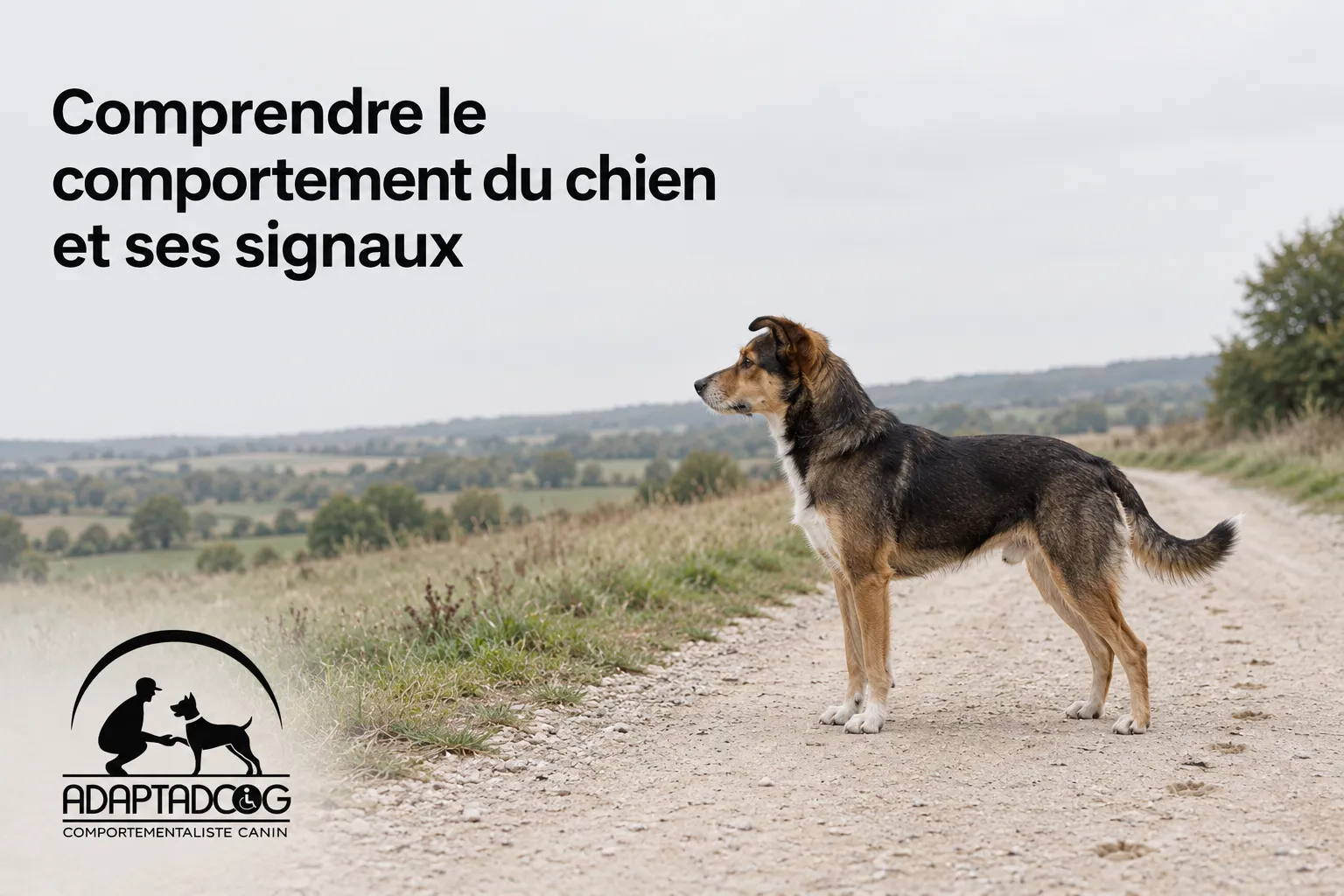 Chien debout sur un chemin rural, regardant vers la droite, silhouette de profil.